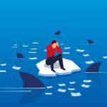Cartoon of person sitting on iceberg with sharks circling