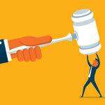 Cartoon of hand holding giant gavel over small-scaled person